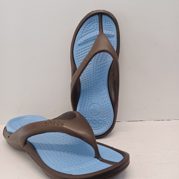 Crocs Athens Flip Flops Slip On Sandals Light Blue & Brown - Women’s 9 - Picture 5 of 6